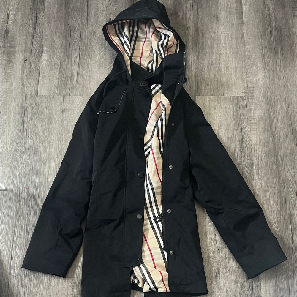 Black Hooded Rain Jacket with Plaid Lining